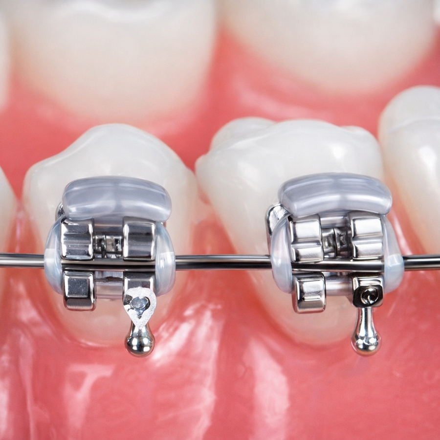 Elastic bracket guard placed over orthodontic brackets to prevent chipped teeth and bracket breakage from occlusal contact during braces treatment