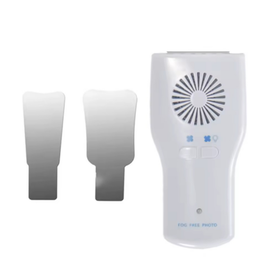 Rechargeable orthodontic photography mirror with built in anti fog fan and LED illumination, handheld dental photo mirror for clear intraoral records, includes USB charging cable